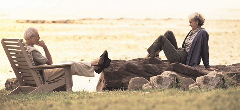 Image of retired man and woman sitting on a chair and rock in a nice field of golden grass
